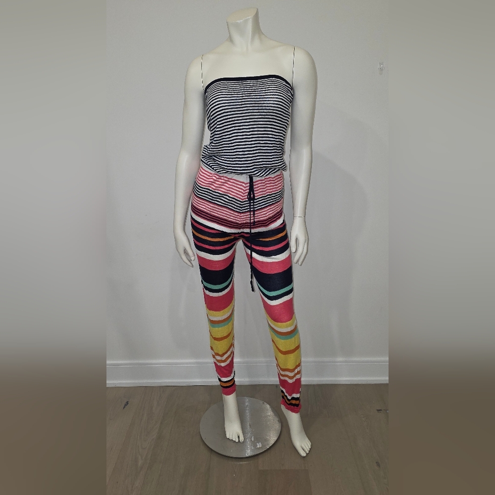 Rare Odemai Rayon Strapless Striped Jumpsuit With Drawsting Waist Fine Knit